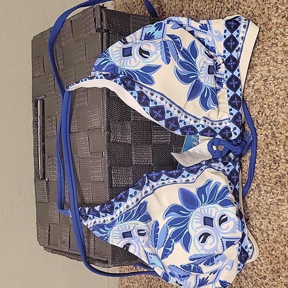 Blue and White Floral Bikini Top